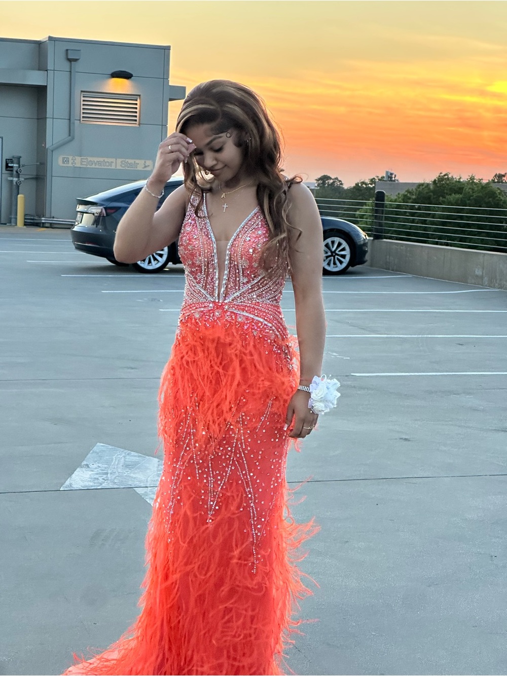 Beaded Feather Trim Orange Prom Dress